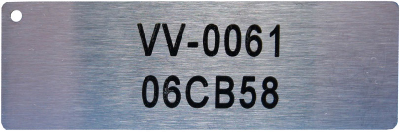 Serial number laser engraved on a aluminium tag